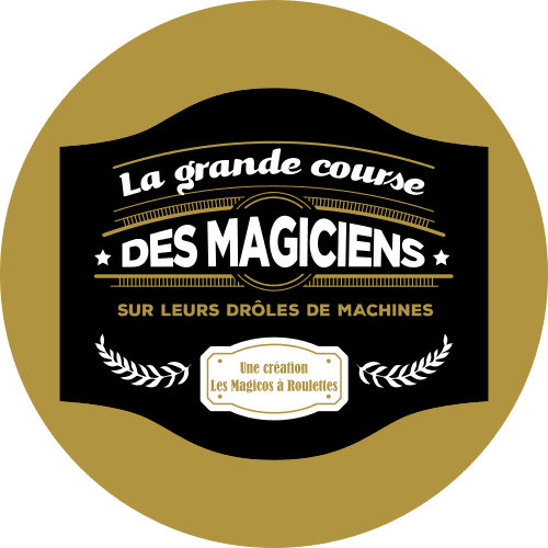 le logo du spectacle la grande course des magiciens sur leurs drôles de machines dans un style art déco vintage